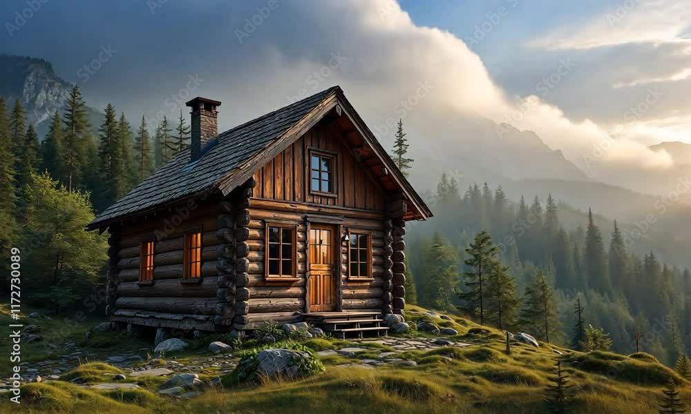 Secluded Wooden Cabin nestled in the Majestic Alps during Sunset Secluded Wooden Cabin nestled in the Majestic Alps during Sunset
