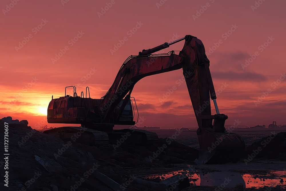 Excavator silhouette against vibrant sunset at construction site near the city Excavator silhouette against vibrant sunset at construction site near the city