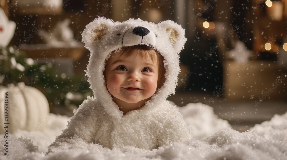 Adorable Toddler in Polar Bear Costume Playing in Winter Wonderland Festival Setup Adorable Toddler in Polar Bear Costume Playing in Winter Wonderland Festival Setup