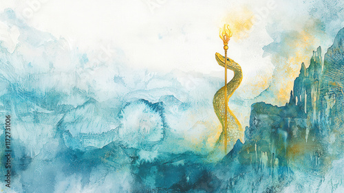 A mystical watercolor of the serpent in the wilderness, coiled around a golden staff raised high, glowing with divine light, symbolizing healing and salvation in a desert landscape.