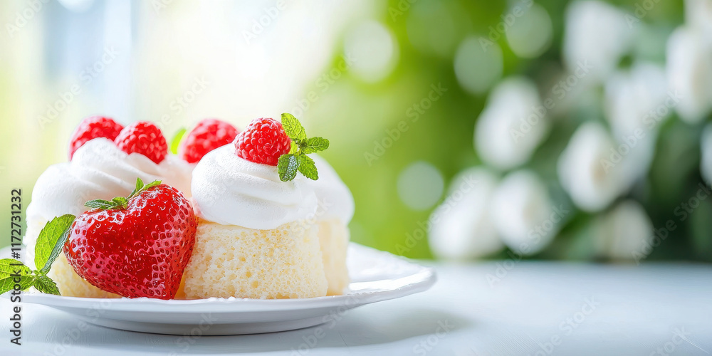 Delicious heart shaped dessert topped with strawberries and cream Delicious heart shaped dessert topped with strawberries and cream