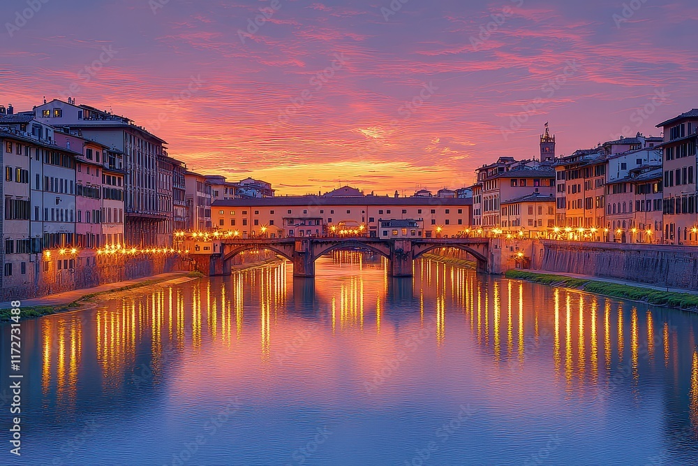 Obraz premium Stunning sunset over Arno River in Florence showcasing vibrant reflections and historic architecture