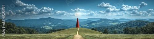 A red tower is on a hill in the middle of a green field