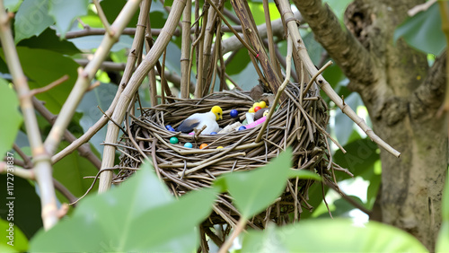 Bower bird nest, from the bird family Ptilonorhynchidae.  The males build a structure and decorate it with sticks and brightly coloured objects in an attempt to attract a mate. photo