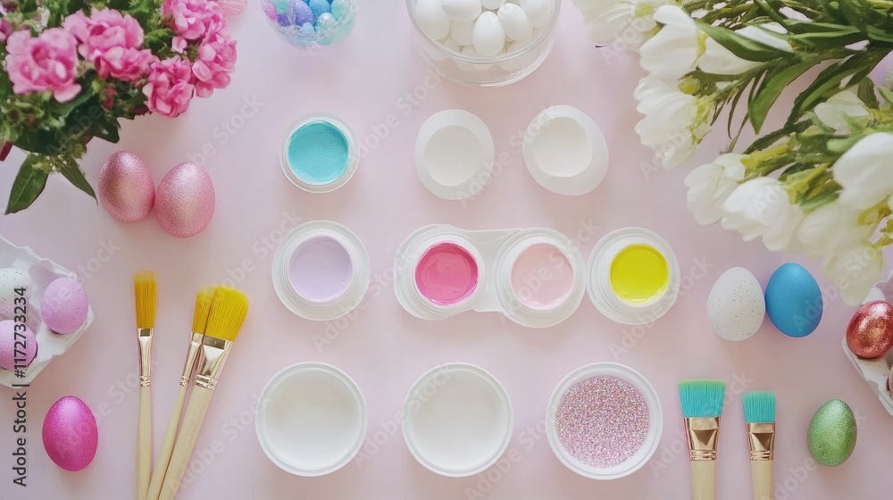 A flat lay of Easter crafting supplies, including paintbrushes, glitter, and plain eggs ready to be decorated. A flat lay of Easter crafting supplies, including paintbrushes, glitter, and plain eggs ready to be decorated.