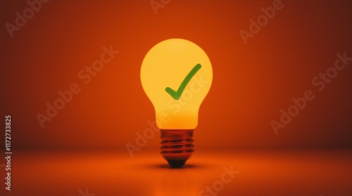 Bright Yellow Light Bulb with Green Checkmark Symbolizing Innovation and Approval.