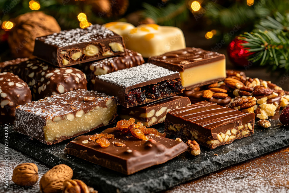 Delicious christmas chocolate bars with nuts and dried fruits displayed on a slate plate Delicious christmas chocolate bars with nuts and dried fruits displayed on a slate plate