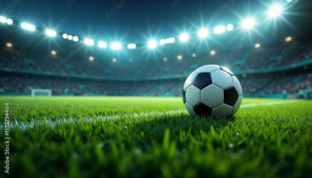 Fototapeta premium Close-up of turf grass in stadium with a soccer ball and dramatic low-angle perspective under lights