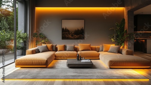 Elegant Luxury Living Room with Warm Lighting and Rich Textures Perfect for Modern Interior Design Inspiration