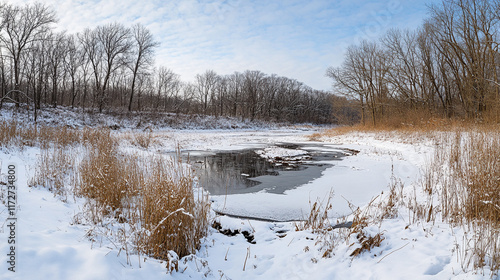 Wallpaper Mural Winter landscape with frozen pond and snow-covered trees in a peaceful nature setting Torontodigital.ca
