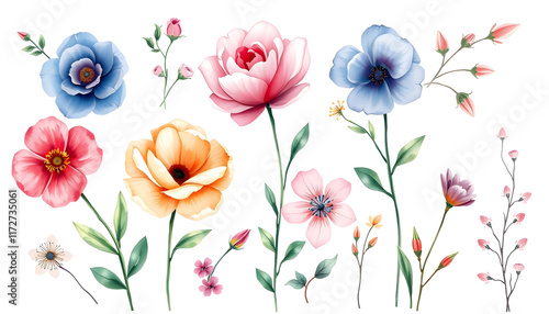 Watercolor illustration with floral elements in classic style. Collection of hand-drawn  elements for you design, pop art, with white tones