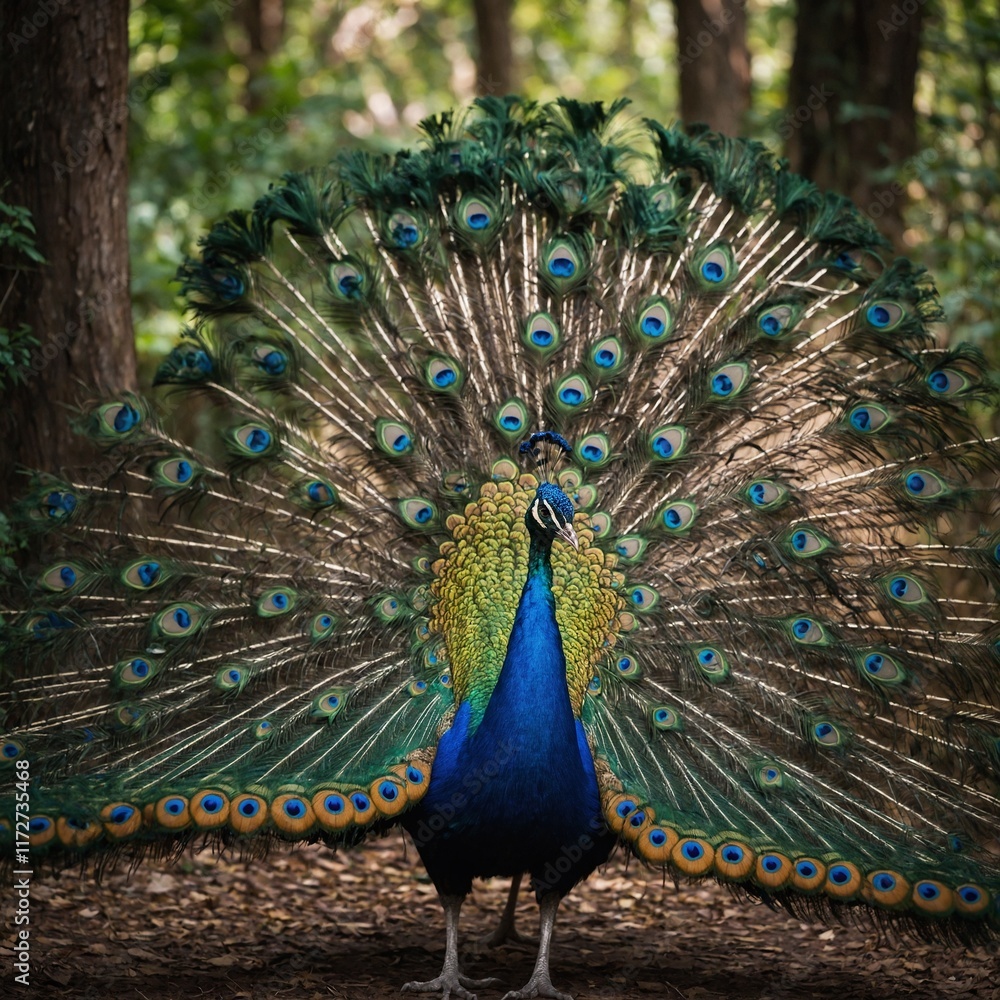 Obraz premium A vibrant peacock with its tail fully fanned against a lush forest backdrop.