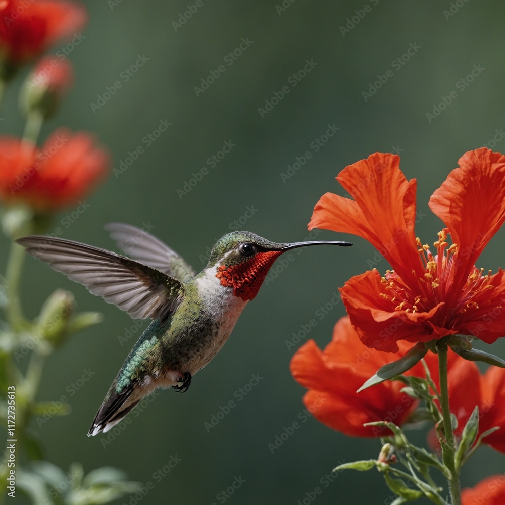 Fototapeta premium A hummingbird mid-flight, sipping nectar from a bright red flower.