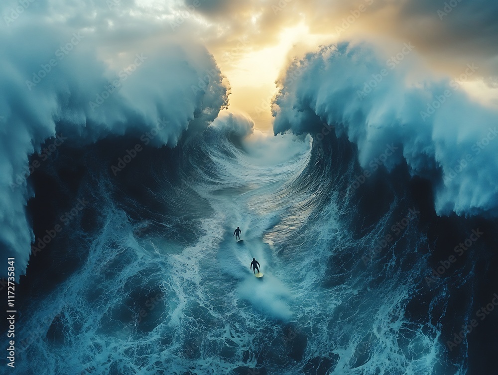 Fototapeta premium Majestic Ocean Wave Photo: Dramatic Aerial View of Surfers Bravely Navigating Immense, Powerful Tides. AI Generated