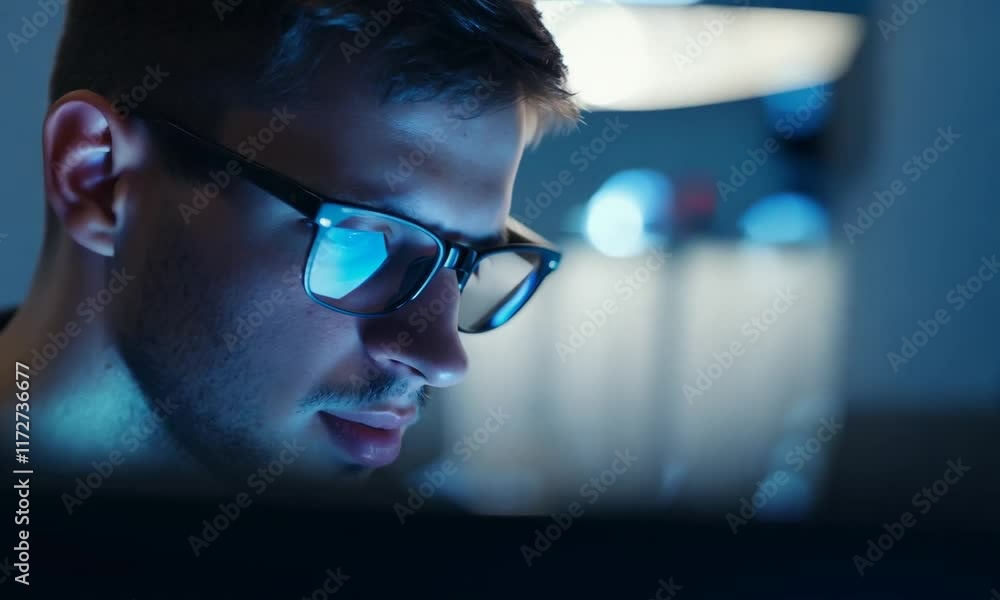 Focused Young Man with Glasses Working on Computer in Dimly Lit Room Focused Young Man with Glasses Working on Computer in Dimly Lit Room