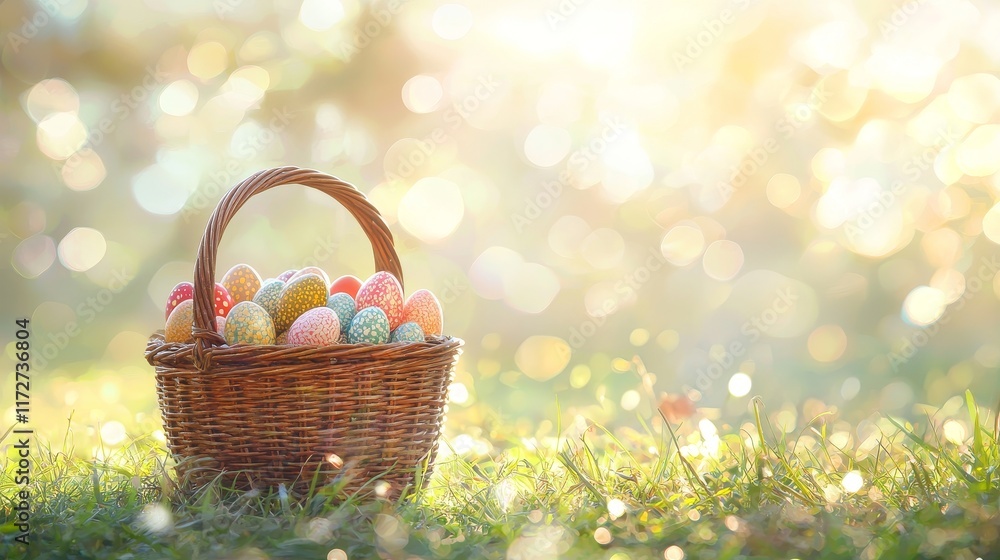Wicker Basket with Colorful Easter Eggs on Grass in a Sunlit Garden Wicker Basket with Colorful Easter Eggs on Grass in a Sunlit Garden