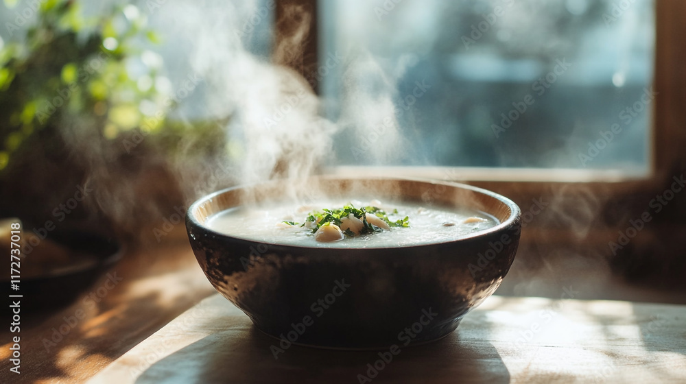 Delicious bowl of hot soup steaming by a sunlit window in a cozy kitchen Delicious bowl of hot soup steaming by a sunlit window in a cozy kitchen
