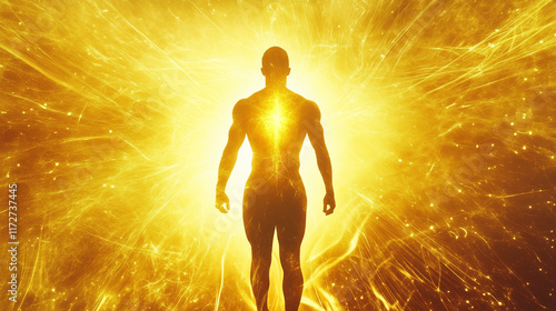 spiritual enlightened human body. golden shining light in upper body area. human body surrounded by bright golden light photo