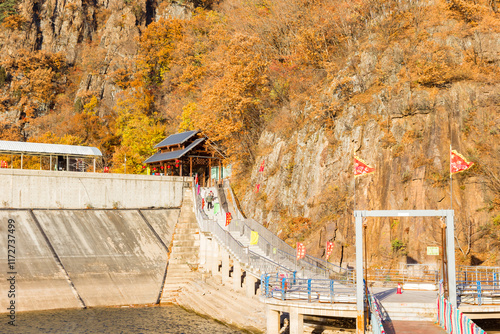 Steps leading up to the dam in the Guan Shan Lake near Benxi, China photo