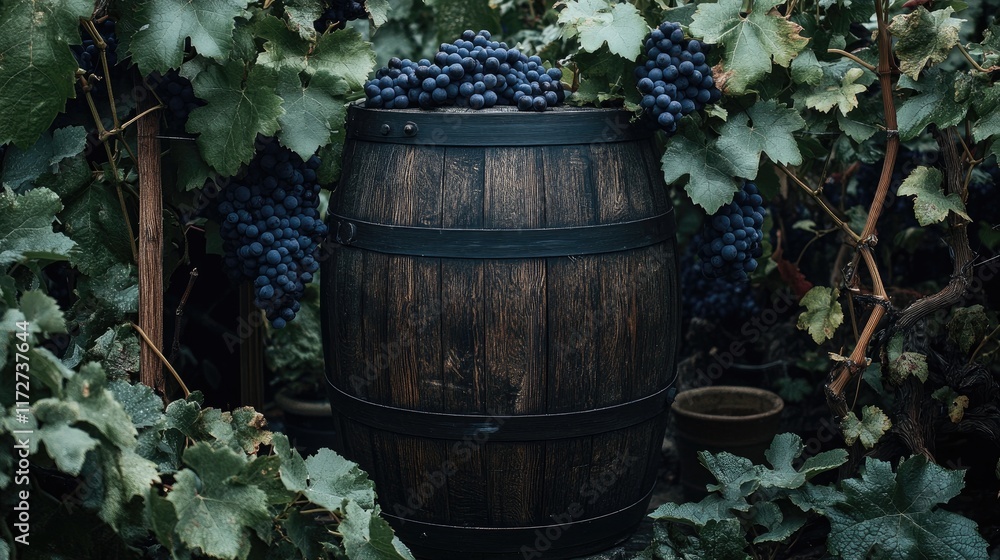 Obraz premium A rustic wooden barrel surrounded by bunches of grapes and grapevines in an outdoor vineyard setting.