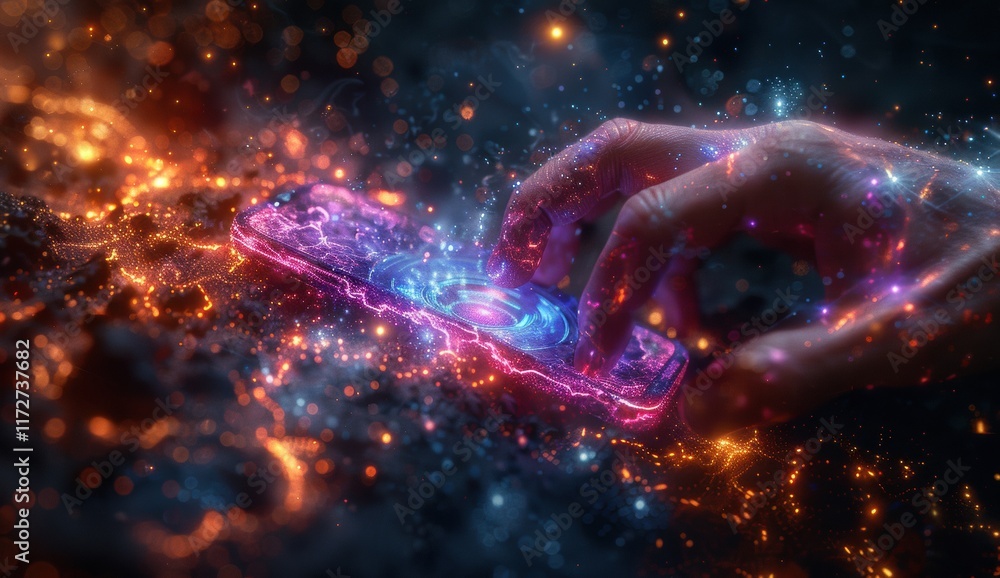 A hand is typing on a cell phone in a colorful, glowing background A hand is typing on a cell phone in a colorful, glowing background