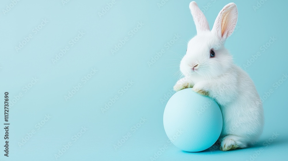 Fototapeta premium Adorable White Bunny with a Blue Easter Egg on a Soft Blue Background
