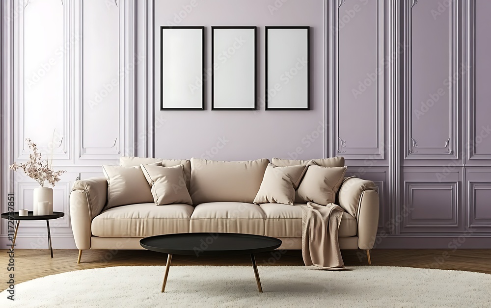 Fototapeta premium Elegant beige sofa in a lavender room.
