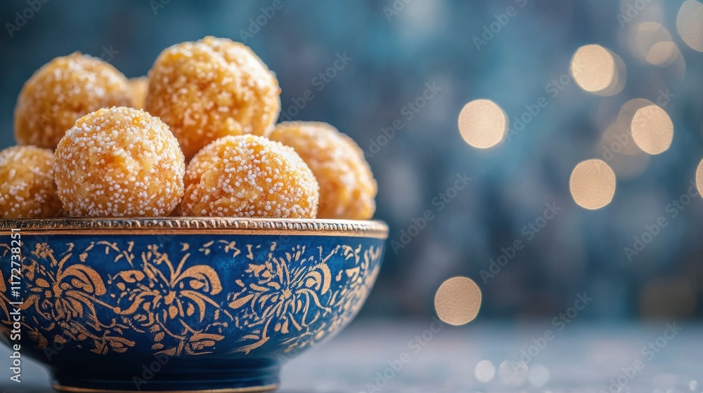 A close-up of til-gul laddus in a deep blue porcelain bowl with intricate gold detailing, placed on a solid cream surface with a soft silver bokeh background, creating a blend of elegance A close-up of til-gul laddus in a deep blue porcelain bowl with intricate gold detailing, placed on a solid cream surface with a soft silver bokeh background, creating a blend of elegance
