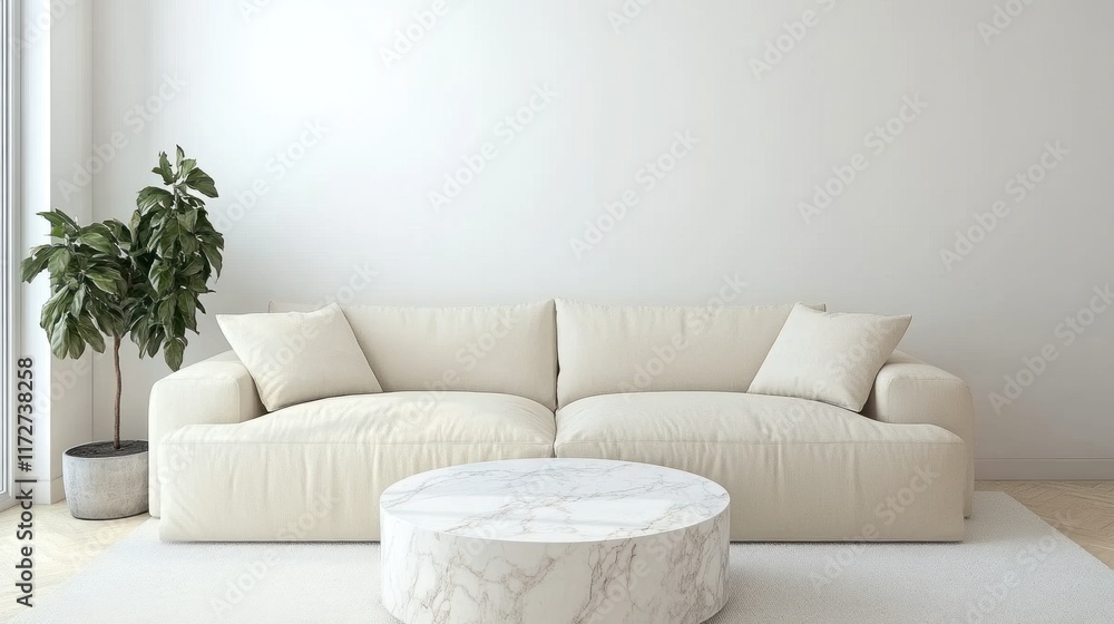 Fototapeta premium Minimalist living room with beige sofa, marble coffee table, and plant.