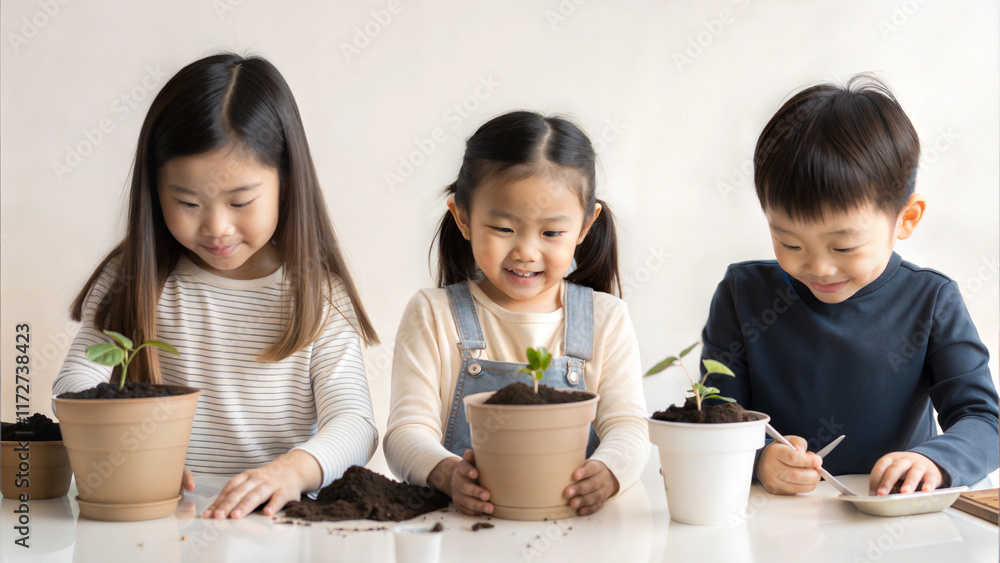 Happy Children Planting Young Sprouts in Pots on a Bright Indoor Table Happy Children Planting Young Sprouts in Pots on a Bright Indoor Table