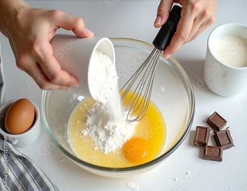 Hand pouring flour to mix an egg in a clear bowl and whisking them on a table surrounded by ingredients for baking photo