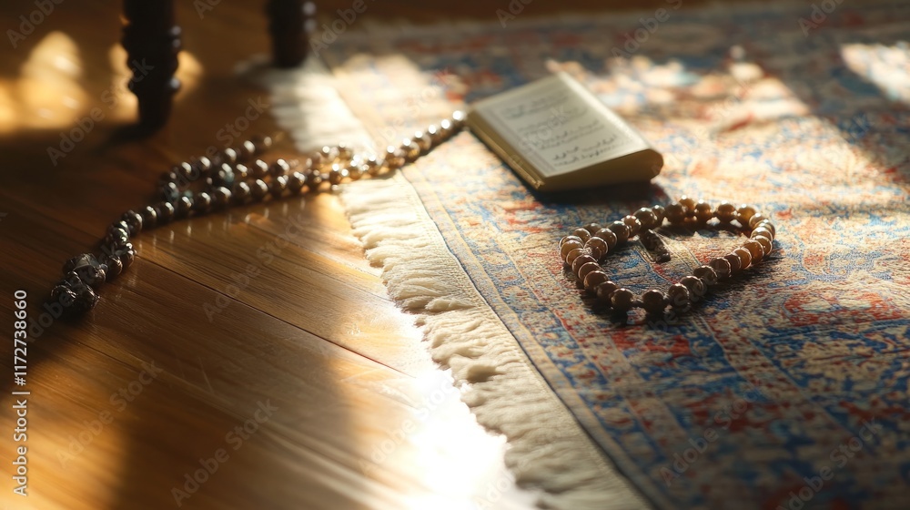 Sunlit prayer rug with beads and book. Sunlit prayer rug with beads and book.