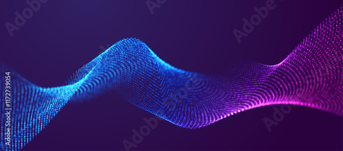 Sound blue and purple particle background. Audio wave with flowing dotted landscape. Big data ai connect structure. Grid mesh futuristic style. Pattern point graph vector technology.