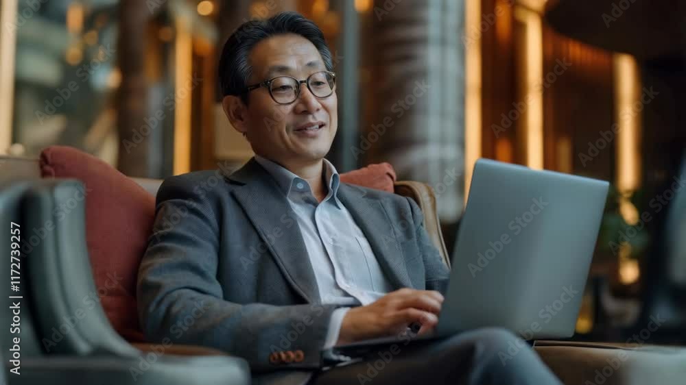 Confident businessman in glasses working on a laptop, seated comfortably in a modern interior Confident businessman in glasses working on a laptop, seated comfortably in a modern interior