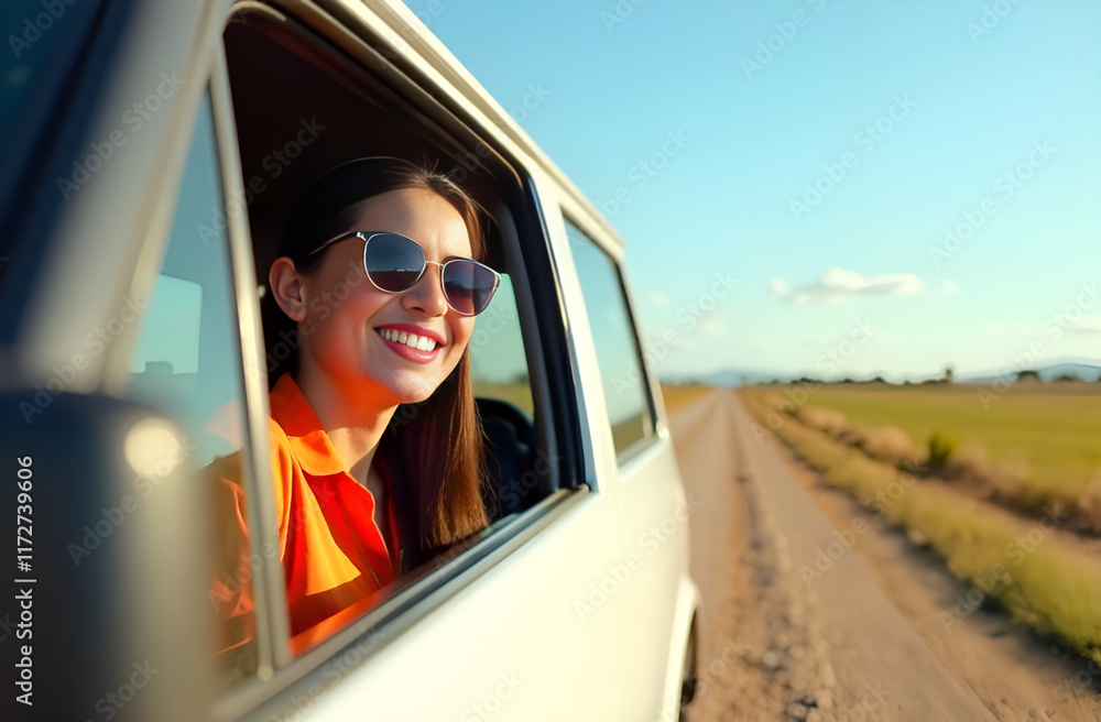 A woman who is wearing stylish sunglasses is joyfully sticking her head out of the open window of a moving car, enjoying the breeze