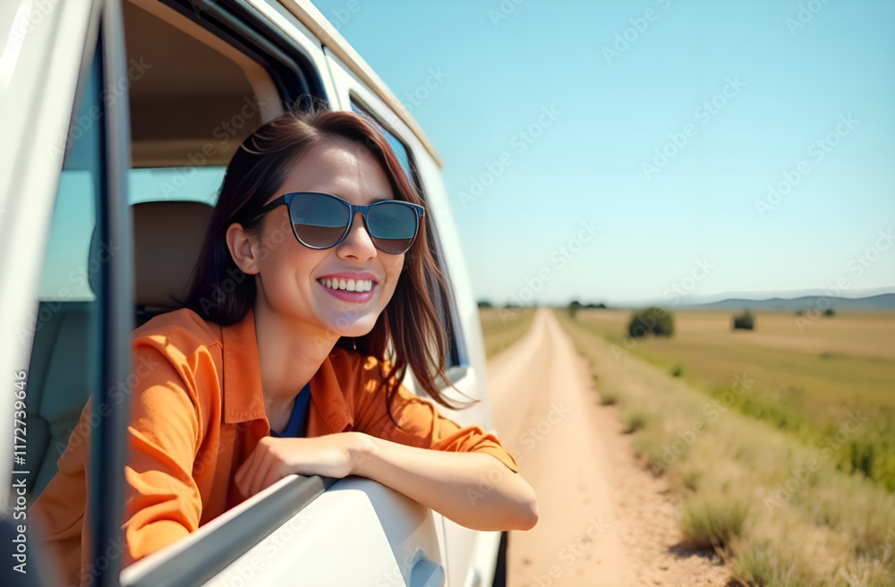 A woman who is wearing stylish sunglasses is joyfully sticking her head out of the open window of a moving car, enjoying the breeze