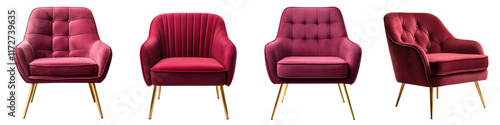 Luxurious burgundy velvet armchairs with tufted detailing and gold metal legs in a modern  sophisticated living room setting with other complementary furniture pieces and decor elements photo