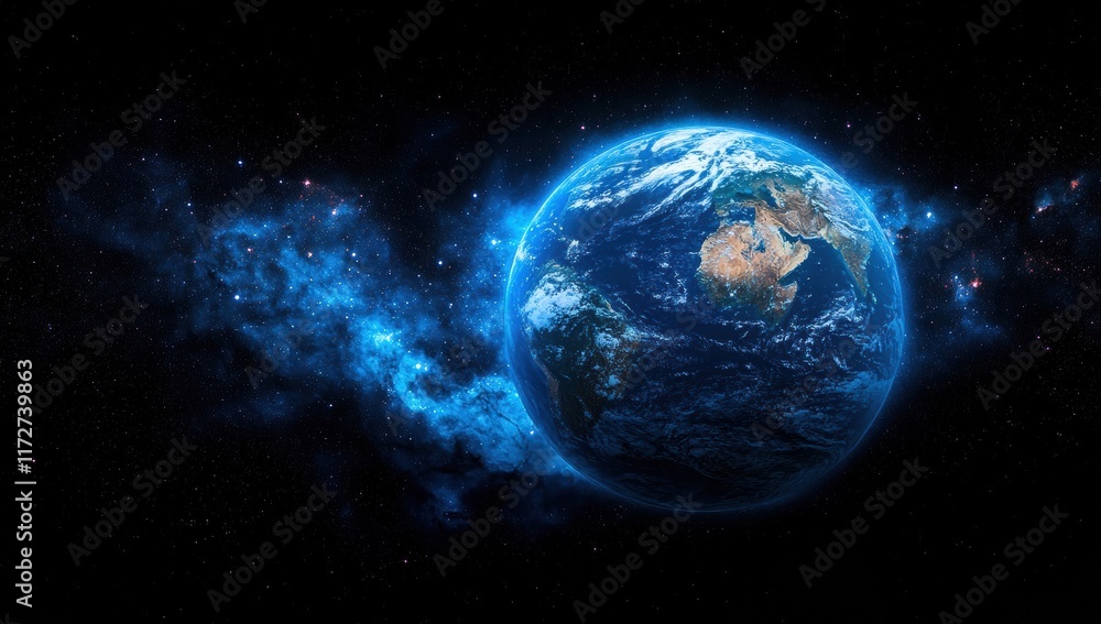Fototapeta premium A glowing planet with a bright blue ocean surrounding it