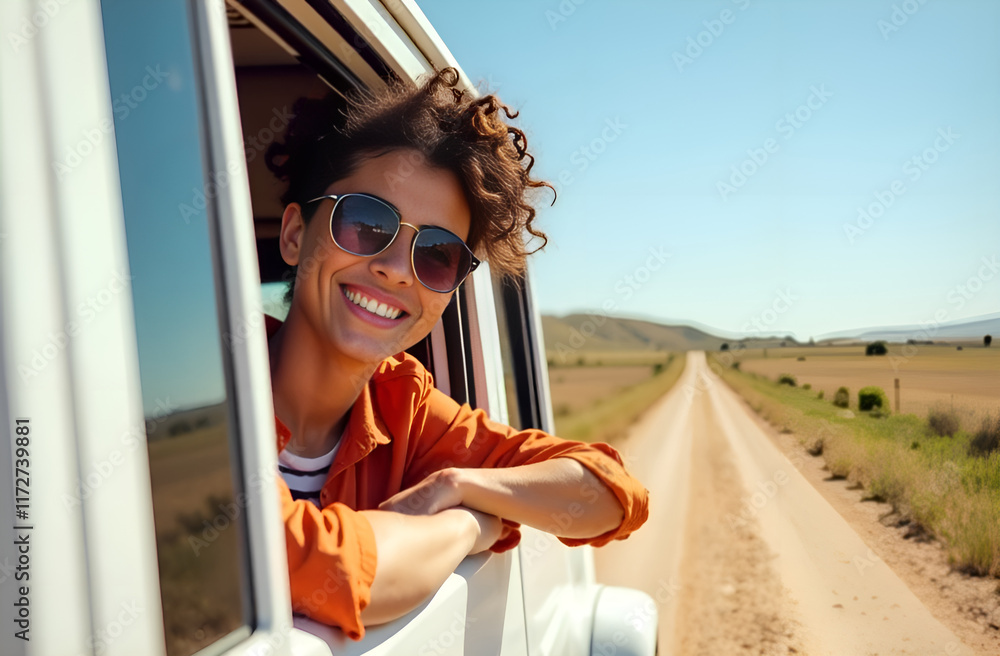 A woman who is wearing stylish sunglasses is joyfully sticking her head out of the open window of a moving car, enjoying the breeze