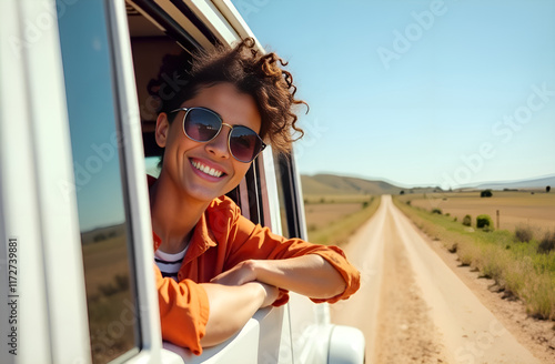 Obraz na płótnie A woman who is wearing stylish sunglasses is joyfully sticking her head out of the open window of a moving car, enjoying the breeze w salonie