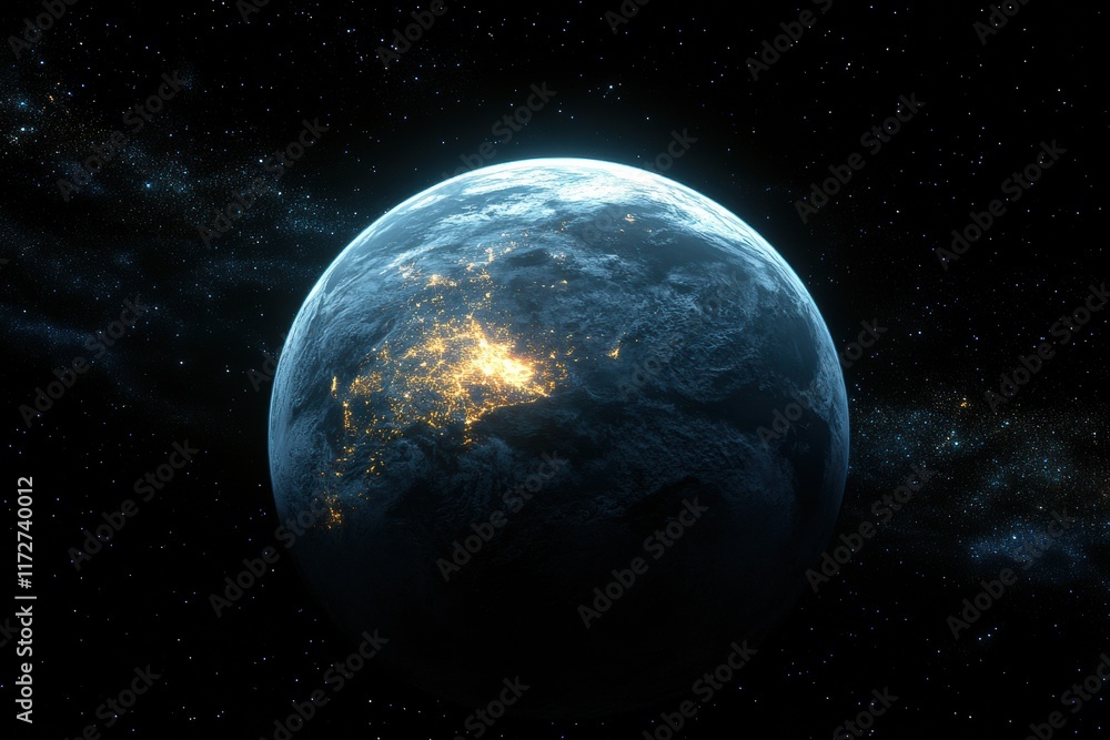 Naklejka premium A blue and white planet with a starry sky in the background