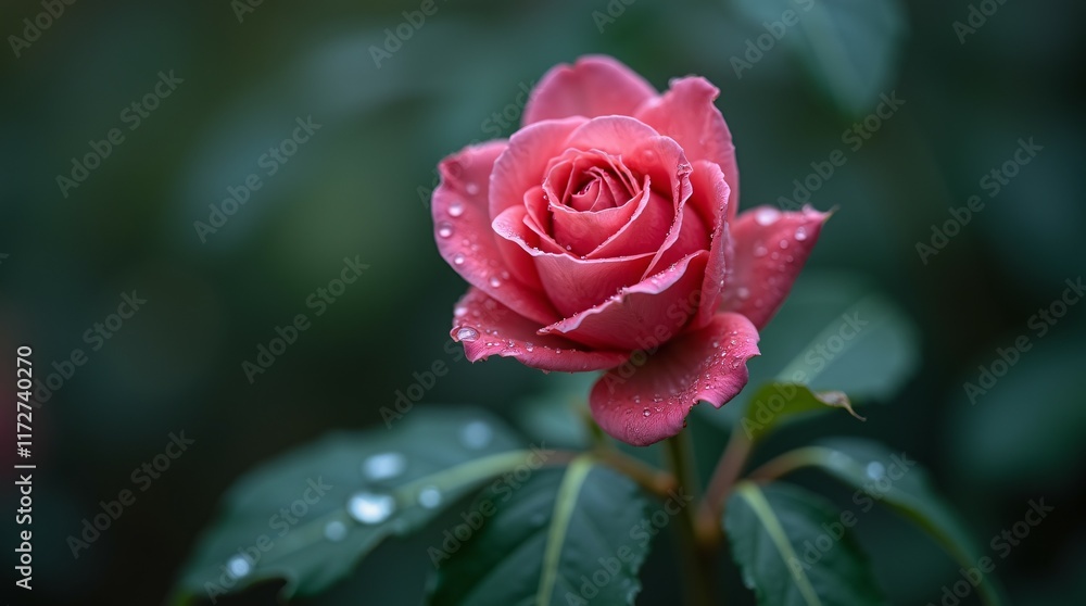 A Delicate Pink Rose Bud Covered in Rain Droplets. A Delicate Pink Rose Bud Covered in Rain Droplets.