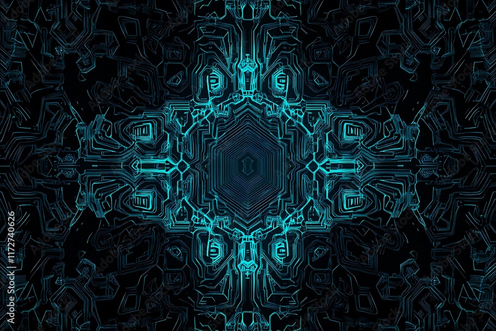 Abstract close-up of a glowing blue digital circuit board, showcasing intricate connections and technological design on a black background.
