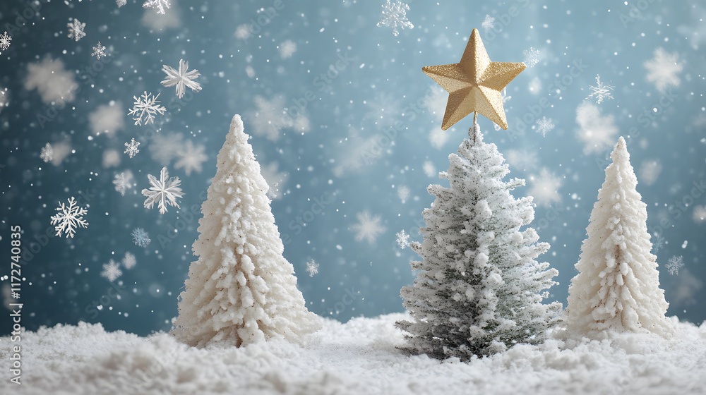 Obraz premium Minimalist Christmas Scene with White Paper Trees and Star on Snowy Background