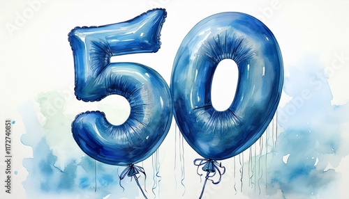 Blue birthday / anniversary balloon, number 50, watercolor painting with white background