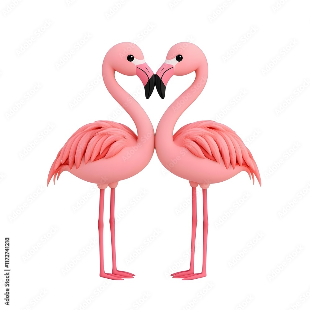 Obraz premium Adorable Pink Flamingo Couple Standing Together, Touching Beaks in a Heart Shape - 3D Illustration Symbolizing Love, Unity, and Romance in Vibrant Colors
