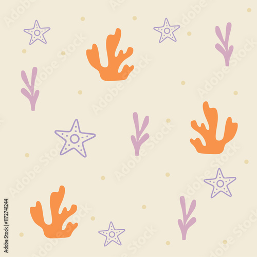 seamless pattern with seaweeds, corals, seashells, starfishes and sea urchin isolated. Underwater bouquet, Illustration for greeting cards,