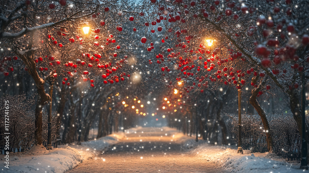 Snowy winter pathway adorned with red ornaments and glowing street lamps at dusk Snowy winter pathway adorned with red ornaments and glowing street lamps at dusk