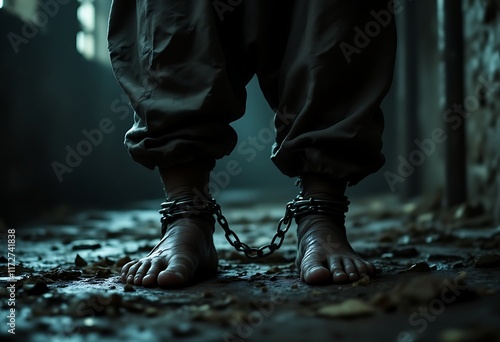 Cinematic scene with closeup of a prisoner legs with a rustic fetters around their ankles standing in the dirty prison