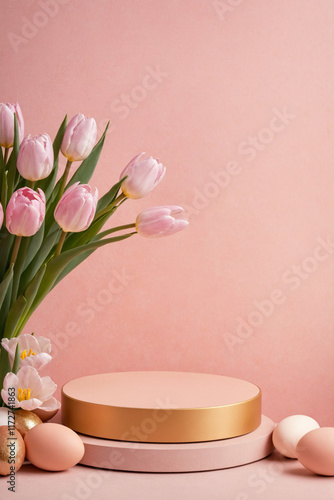 Empty podium on a pink background with easter decorations easter eggs and tulips. Platform or stage for product placement, montage, promotion, sale, shopping. Happy Easter mock up with copy space. photo